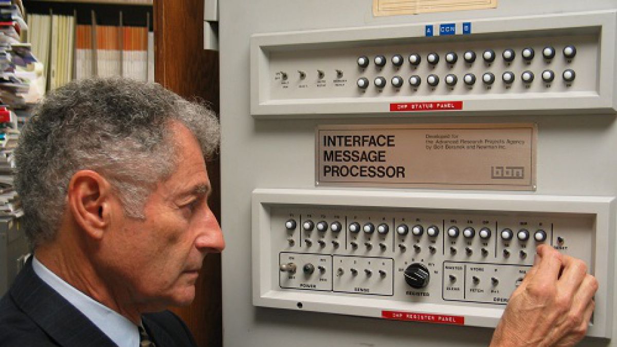 Professor Leonard Kleinrock reenacts working with ARPANET.